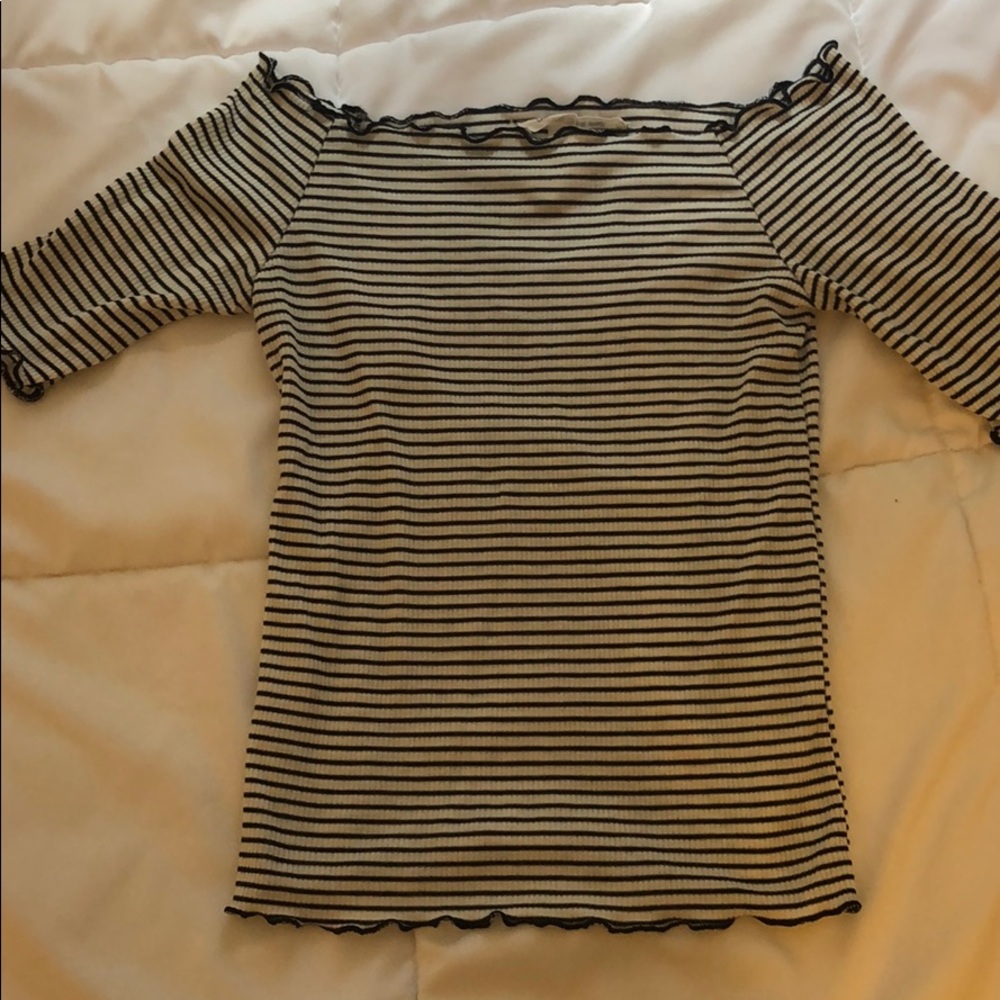 Caution to the wind striped off the shoulder top